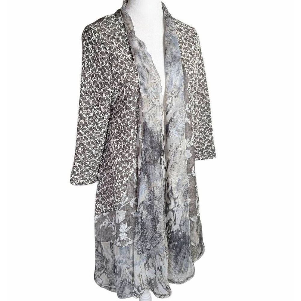 Fleur de lis Gray & white mixed media patchwork open from kimono duster womens M